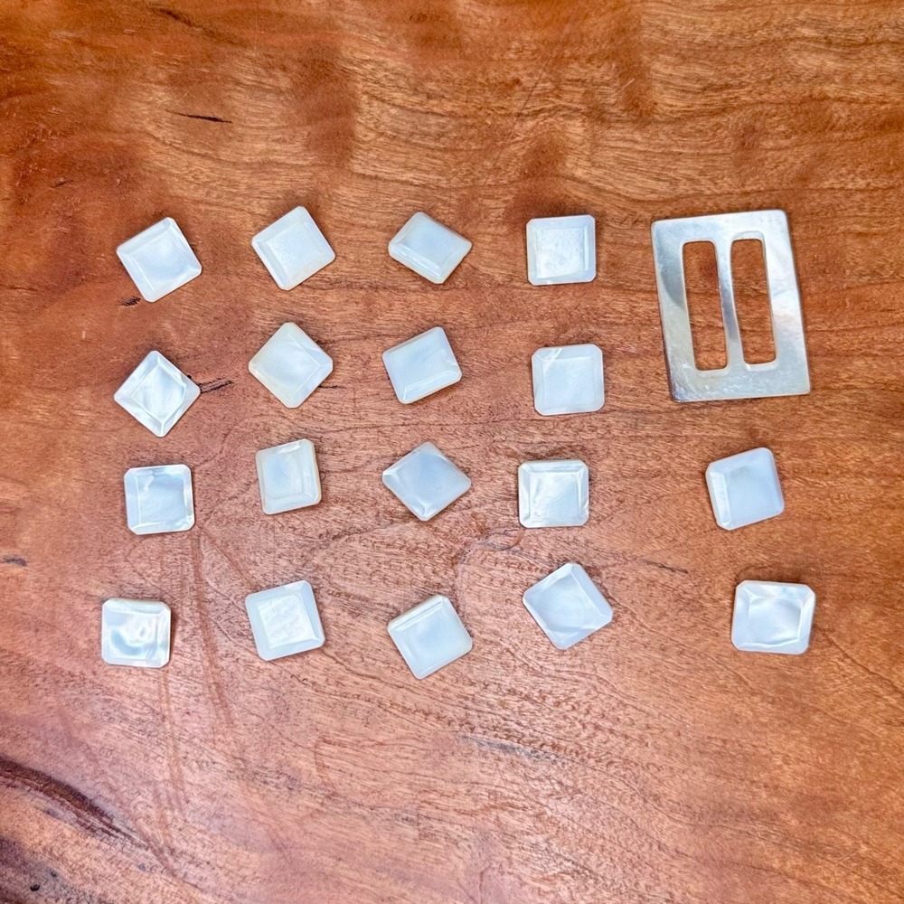 Vintage‎ Mother of Pearl Square Metal Shank Buttons 18 pc & Slide Buckle Set